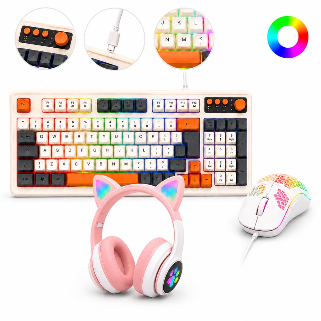 Kit Gamer Branco 3 em 1 Teclado Gamer RGB Anti-Ghosting + Mouse Gamer com Fio + Headset Sem Fio Cat Ear RGB