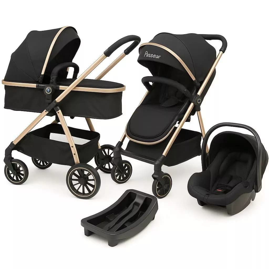 CARRINHO DE BEBE EUROPEU 3 EM 1 TRAVEL SYSTEM COMPLETO - COM BEBÊ CONFORTO E BASE VEICULAR ESTRUTURA PRETO COM DOURADO