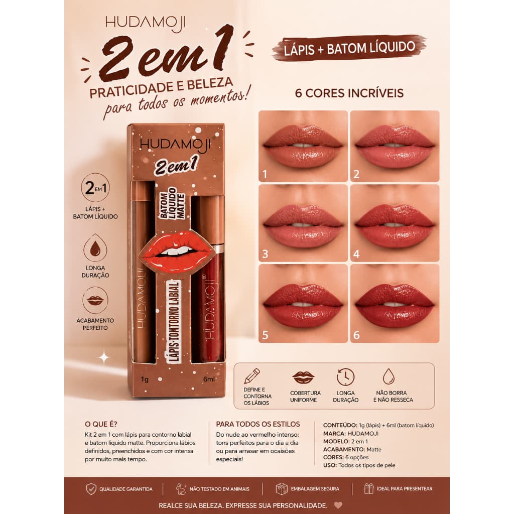 Kit Batom Líquido Matte + Lápis Contorno Labial 2 em 1 Hudamoji Longa Duração