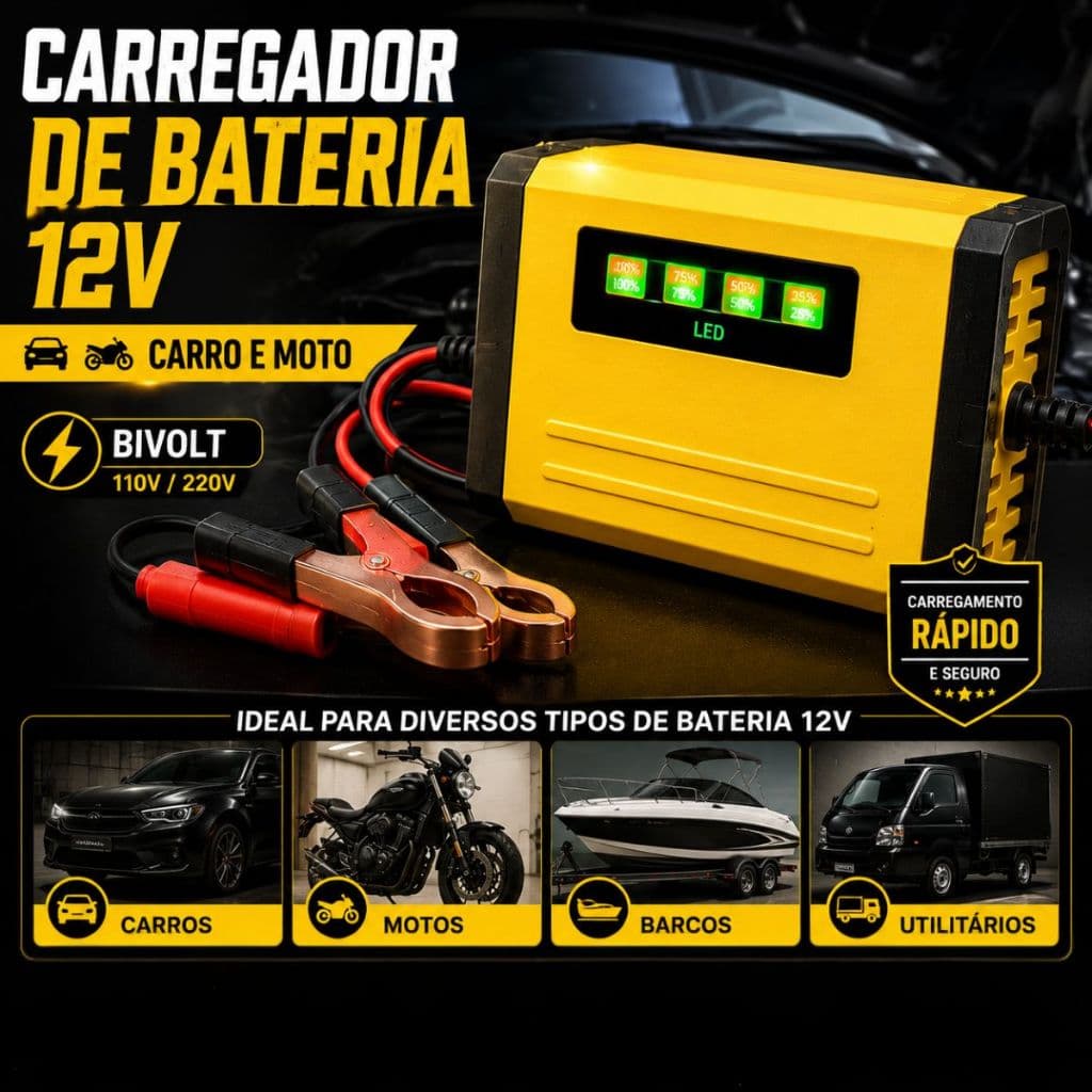 Carregador de Bateria Automotivo Inteligente 12v Automático Display Digital Moto Carro Veicular
