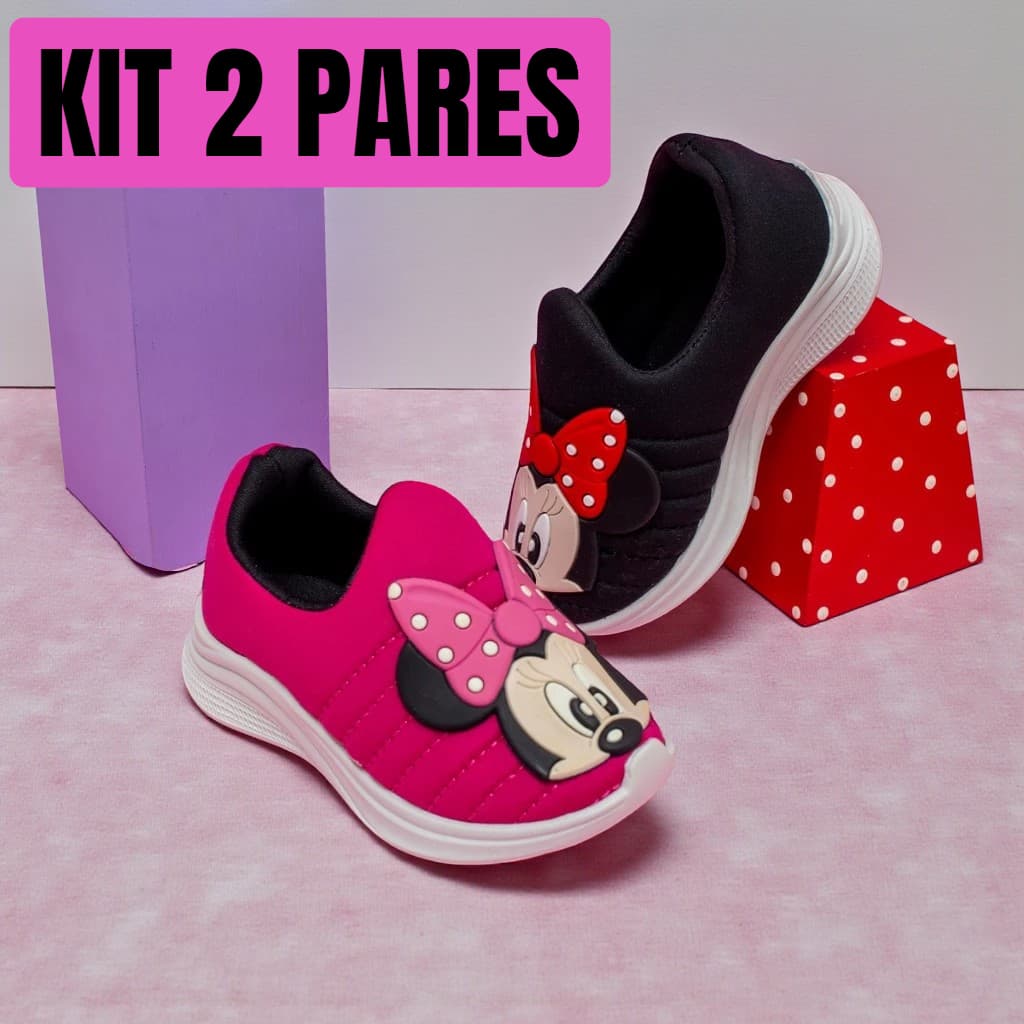 Kit 2 Pares Tênis Infantil Menina Calce Fácil Personagem Ratinha Confortável Macio Promoção