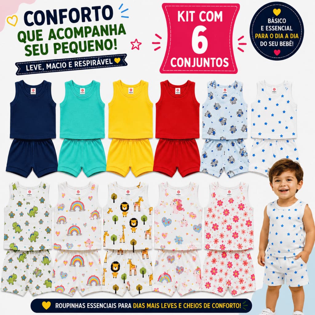 Kit 6 Conjuntos bebe 6 Regatas Camisetas 6 Short Tapa Fralda Liso Estampado Pijama Enxoval Bebê Menino Menina Verão