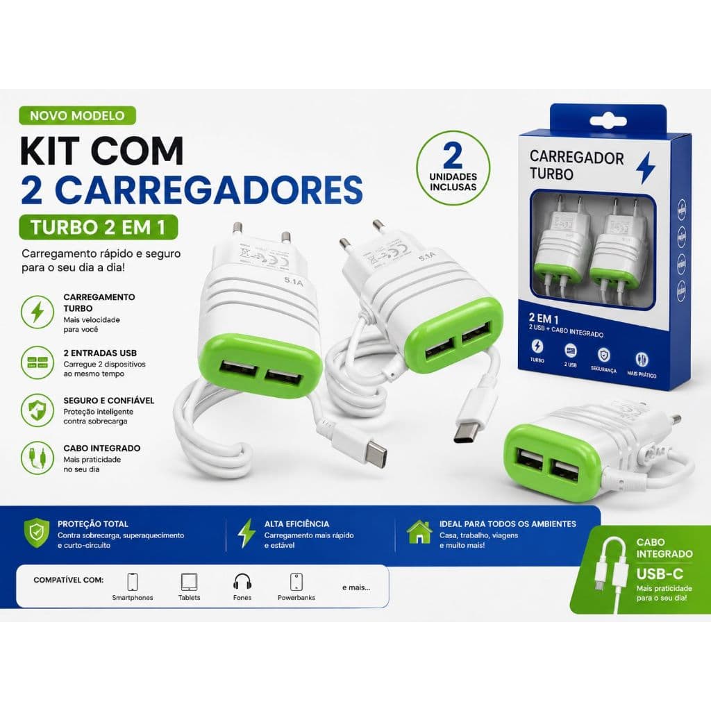 Kit c/2 Carregador Turbo Celular Ultra rápido 5.1 V8 Micro Usb 2 Entrada Usbp Android Portátil