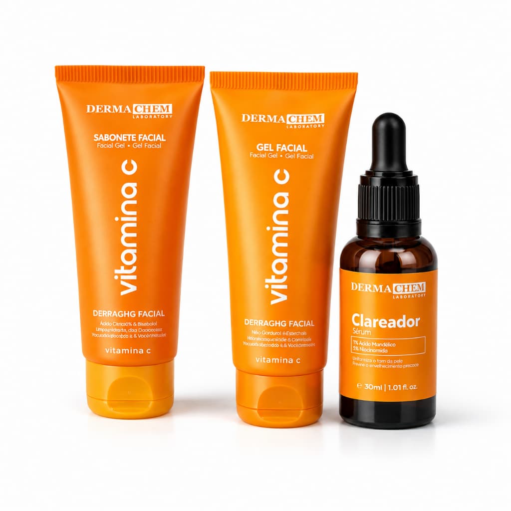 Kit Skincare Vitamina C Dermachem Sérum 30ml Gel 100ml Sabonete 100g Clareador Facial