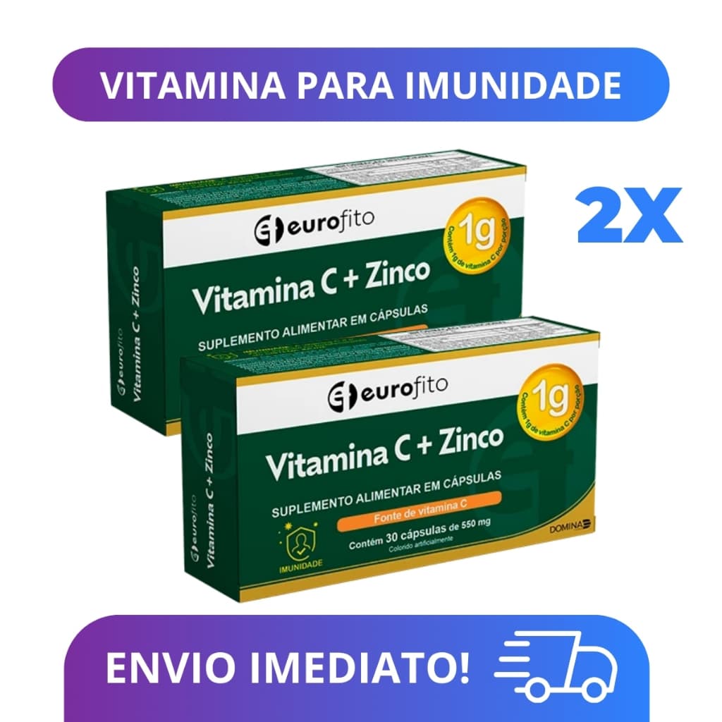 Vitamina para Imunidade Kit 2x Vitamina C + Zinco Eurofito 60 Cápsulas Suplemento Alimentar Energia Antioxidante