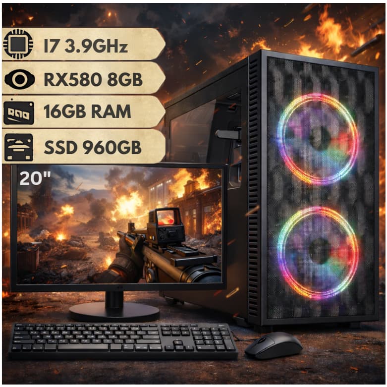 Computador Gamer Intel Core i7 Placa de Vídeo RX580 8GB SSD 960GB e 16GB RAM C/ Monitor 20"