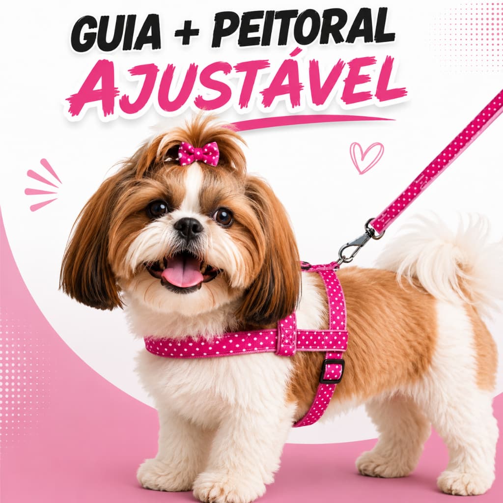 Peitoral Para Cachorro + Guia Nylon Conjunto Ajustável Passeio
