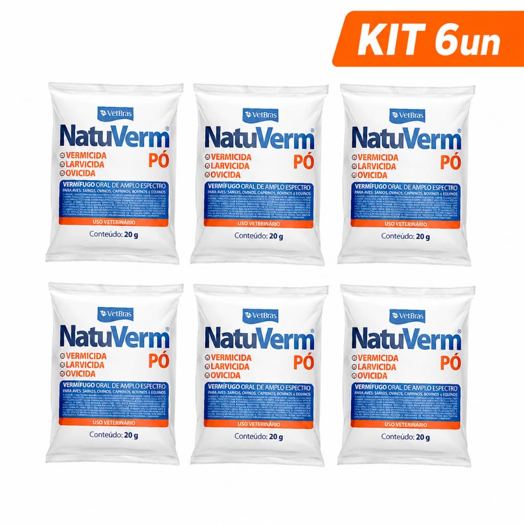 Vermífugo Natuverm Pó 20g Vetbras — Kit 6 ou 12un — Aves Suínos Bovinos Ovinos Equinos Caprinos