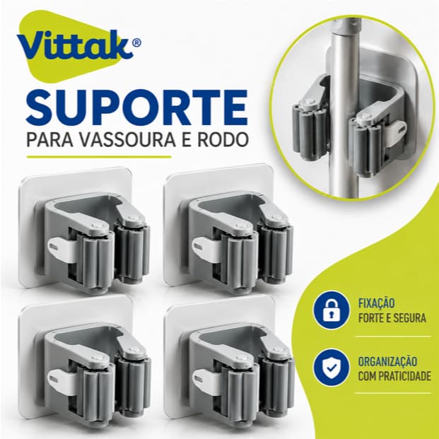 Vittak Suporte Organizador de Vassoura Rodo Mop e Utensílios de Parede Gancho Multiuso Cozinha Adesivo Sem Furos