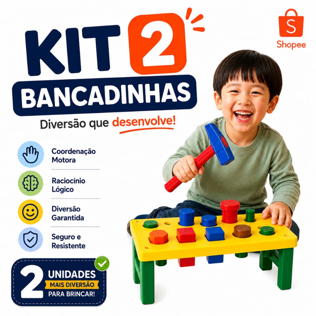 Kit 2 Brinquedos Educativo Para Bebê c/ Martelo e Pinos Geométricos Educativo