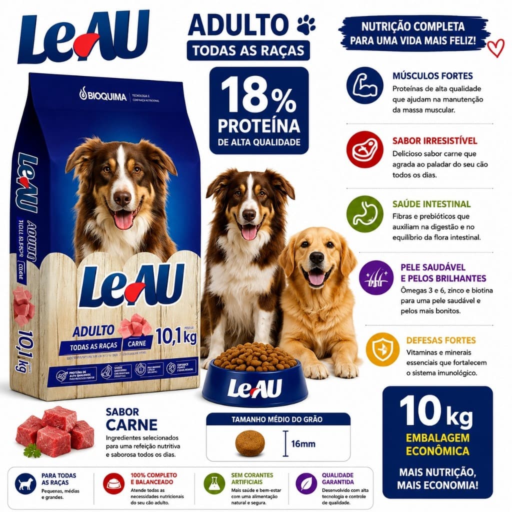 Ração Cachorro Adulto 10kg Leau Dog Sabor Carne 18% Proteína