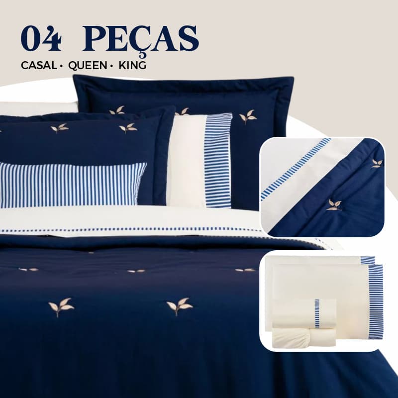 Jogo de Lençol 04 Peças Casal Queen e King 100% Algodão Premium Delicado Azul Marinho Santorini