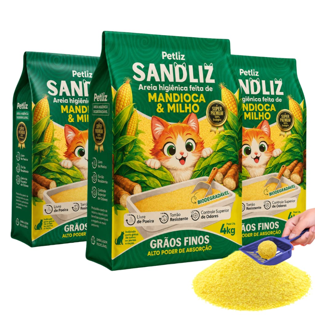 Kit 3 Areia Sanitária Higiênica Natural Premium Grãos Finos Milho Mandioca Gatos Sandliz Petliz 4 kg