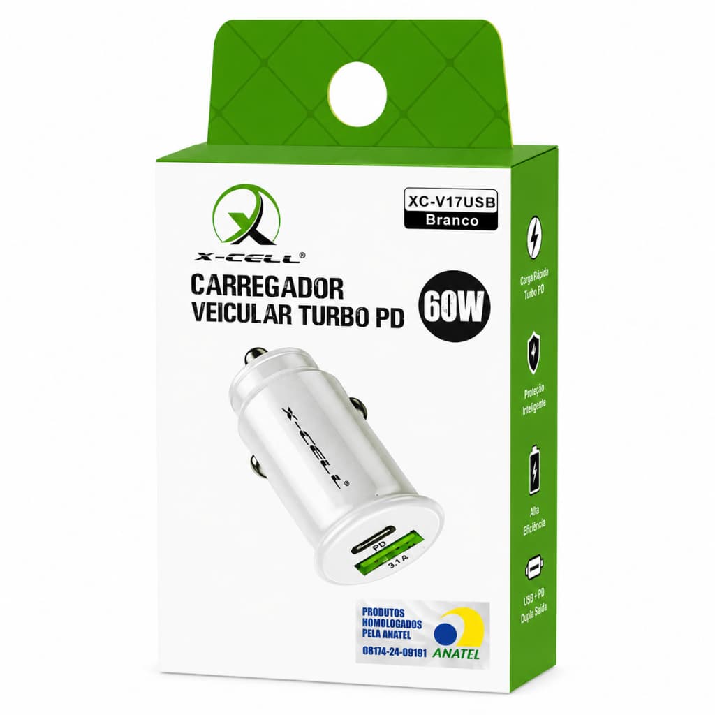 Carregador Veicular Turbo X-Cell 60W USB + USB-C PD Fast Charge XC-V17USB