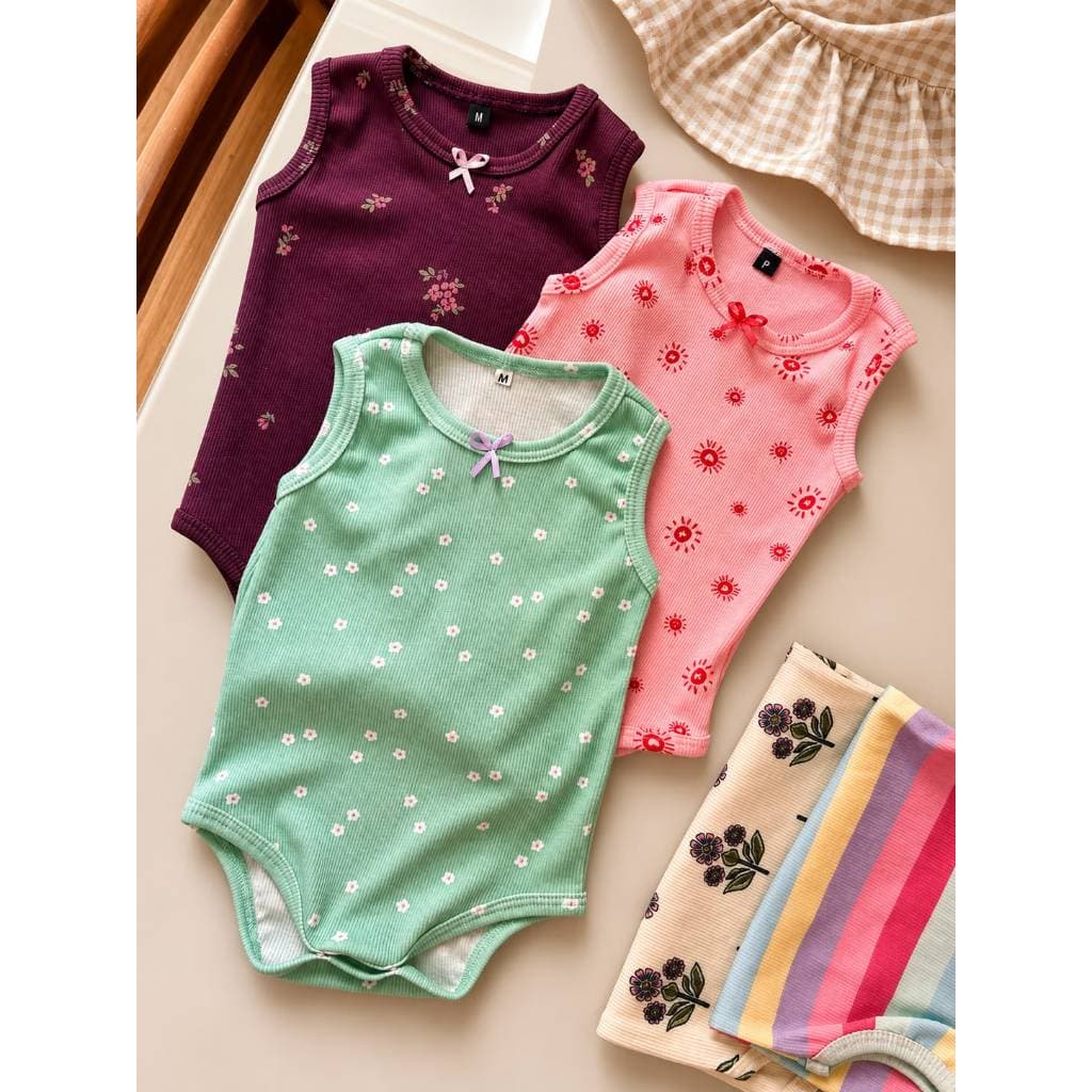 Kit body bebê regata alcinha 4 - 3 peças estampado canelado cores sortidas algodão verão enxoval confortável fresquinhos