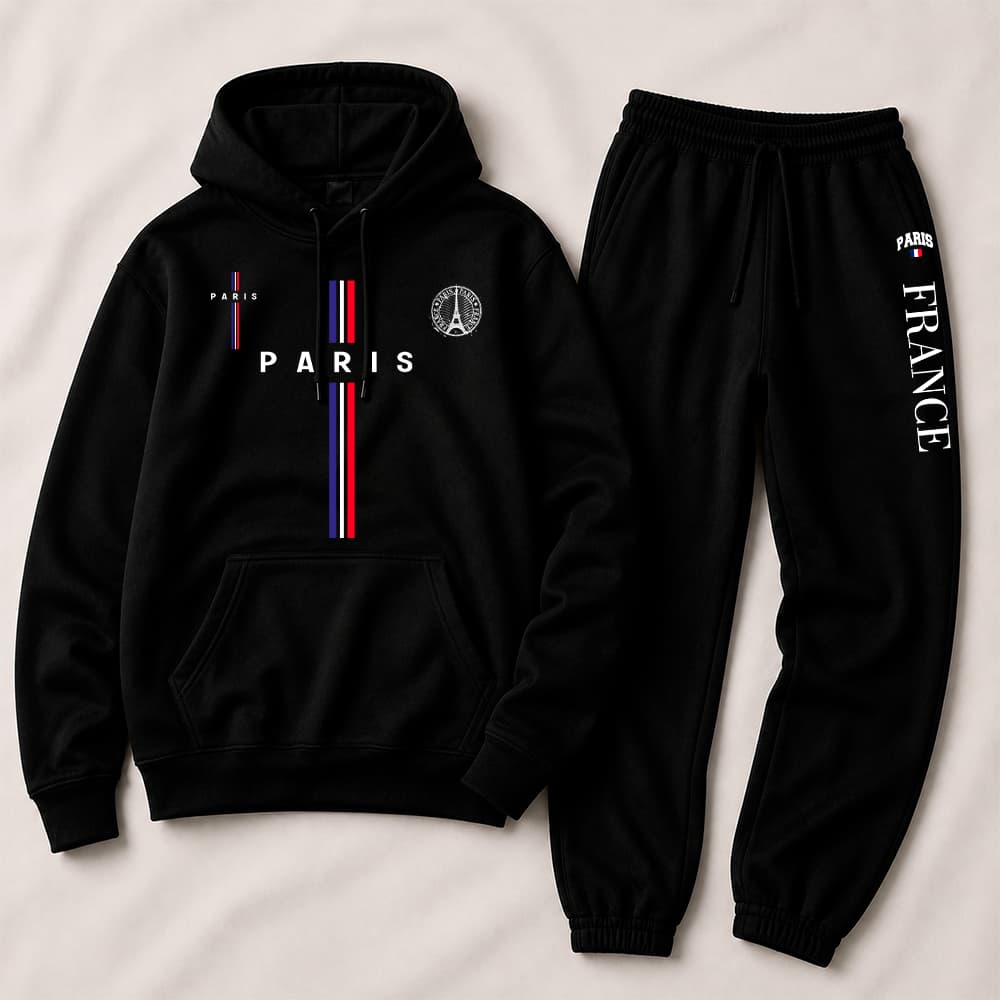 Kit Conjunto Moletom Canguru Capuz e Calça Moletom Jogger Paris Minimalista Eiffel França Streetwear