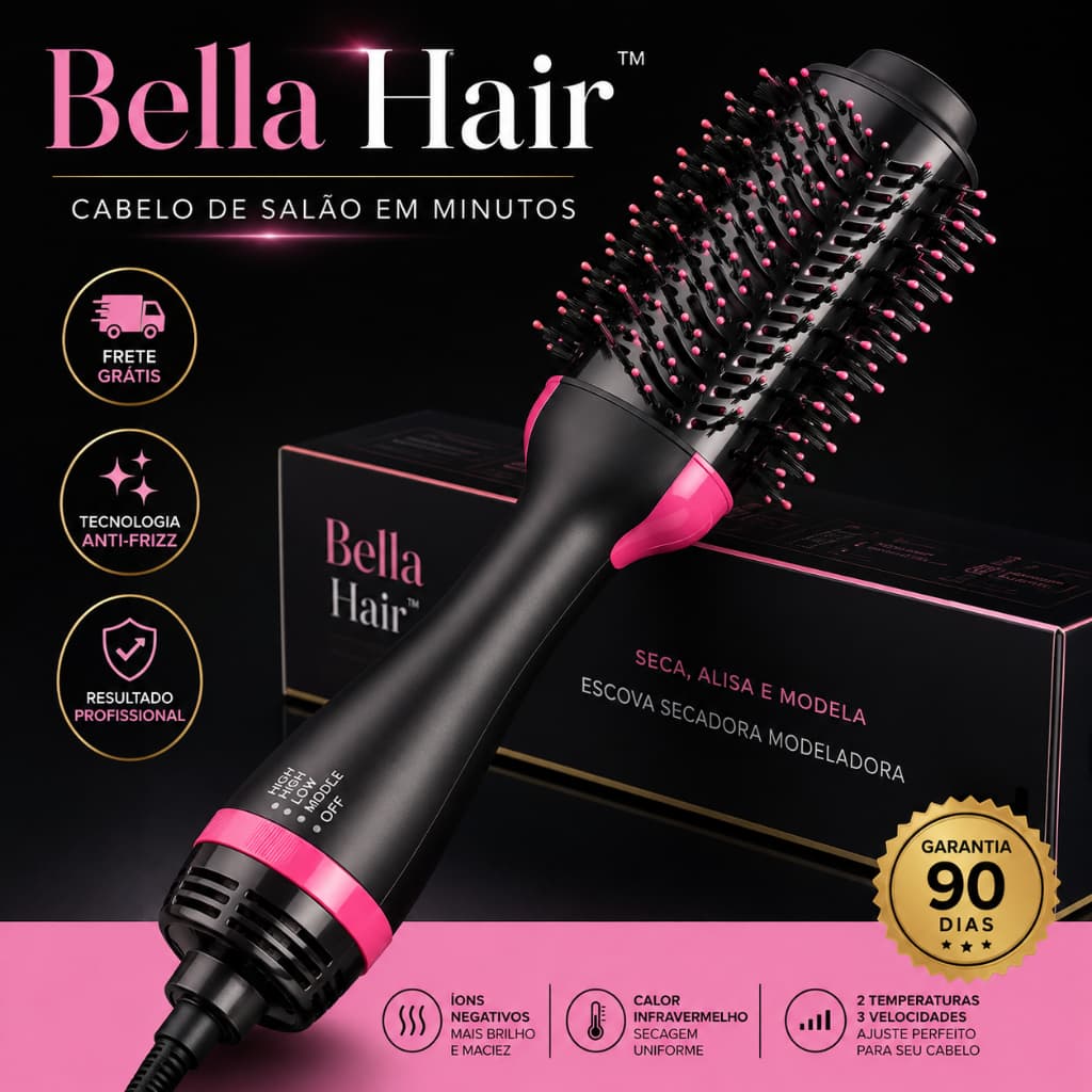 Escova Secadora Modeladora 110V Bella Hair Profissional Anti Frizz Com Íons Negativos Seca Alisa e Modela Cabelos