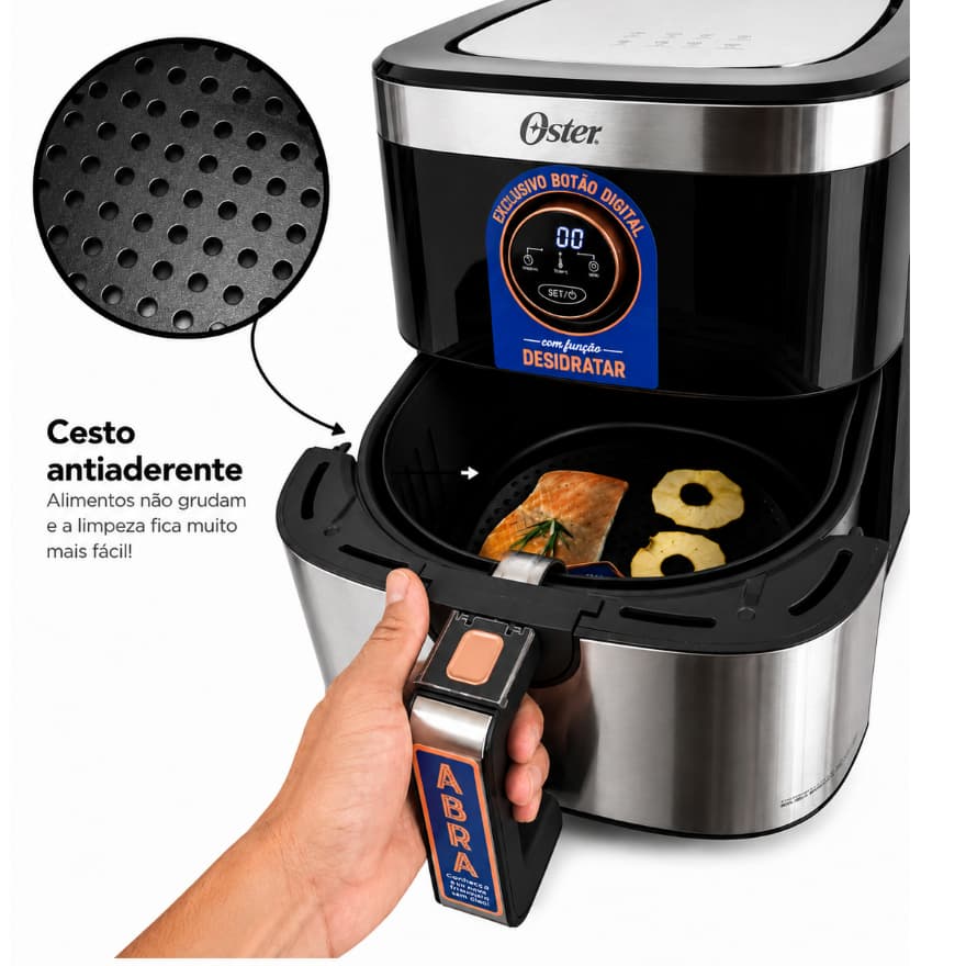 FRITADEIRA ELÉTRICA,AIR-FRYER  OSTER 4.8L, VISOR DIGITAL, 220V,  FUNÇAO DESIDRATAR, TAM. FAMILIA,  SEM ÓLEO, ANTIADERENT