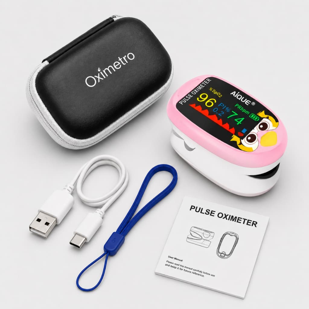 Oxímetro + Estojo, Infantil Pediátrico Digital de Dedo AIQUE A1 SpO2 Frequência Cardíaca Recarregável USB TFT Rosa