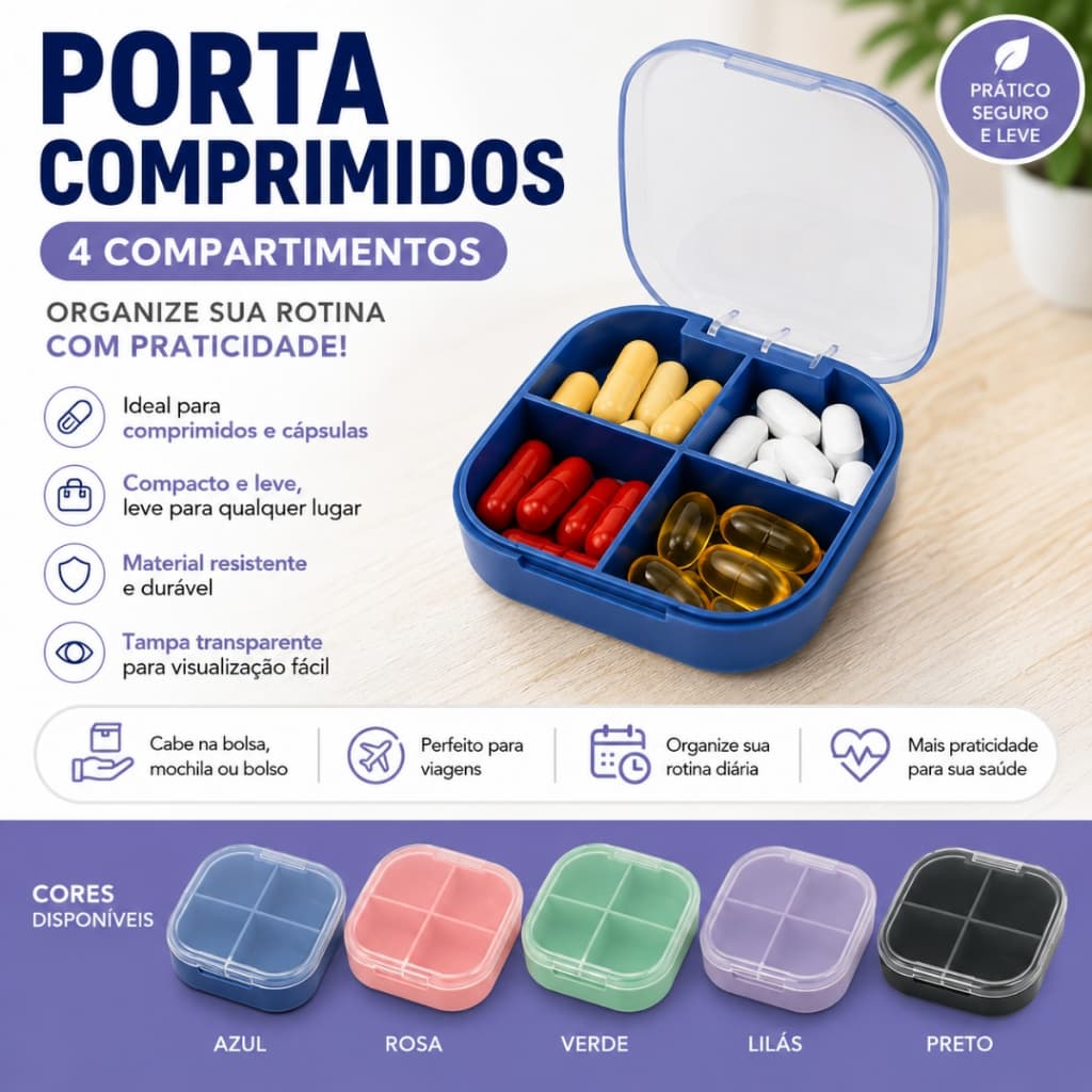 Porta Comprimido Organizador de Remédios Medicamento 4 Divisórias Quadrado Portátil Viagem Prático Vitaminas Suplementos