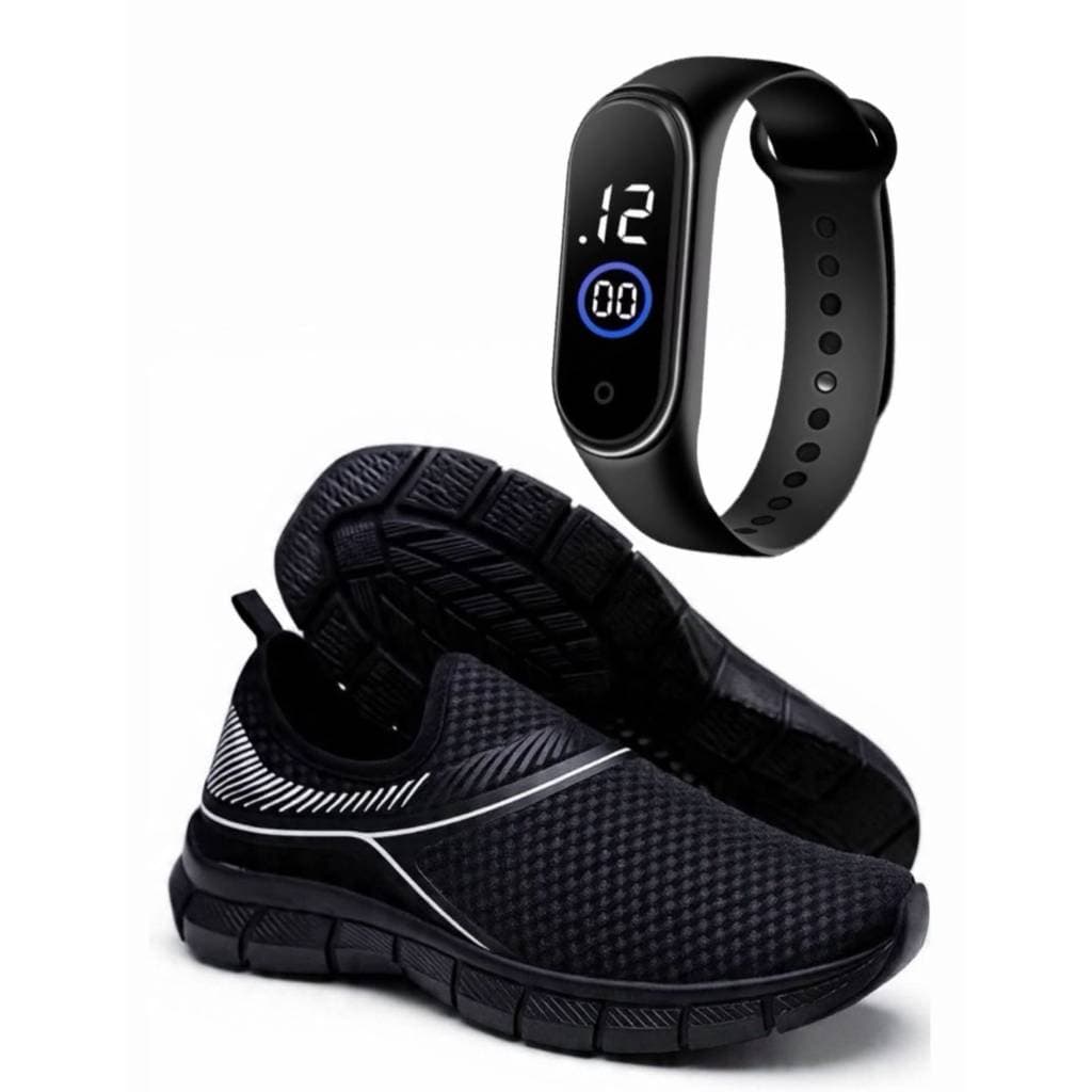 kit tenis feminino masculino esportivo academia corrida macio + relogio digital