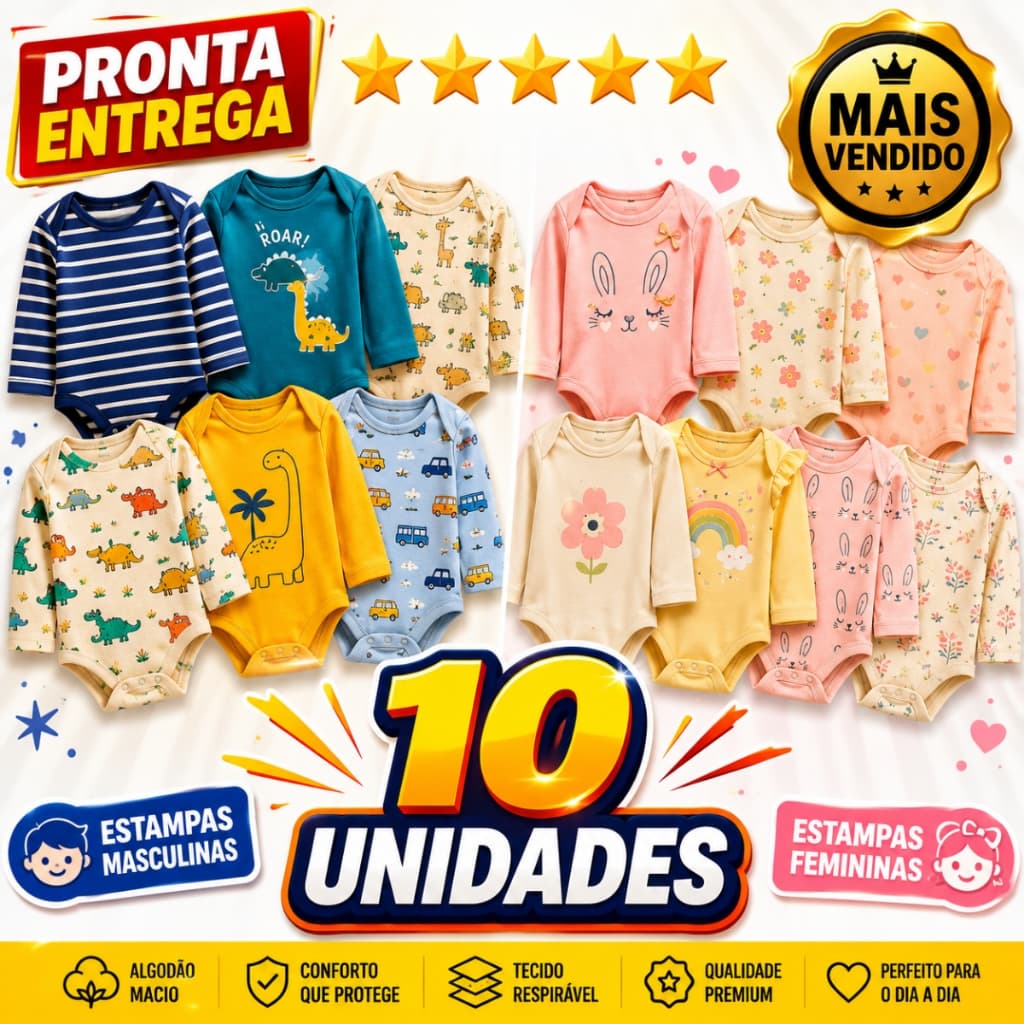 Kit 10 Peças Roupinha Enxoval de Bebê Infantil Body Manga Longa Estampado