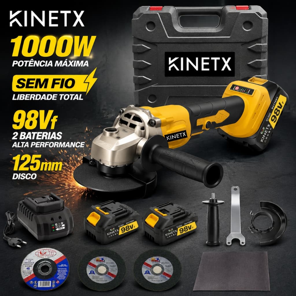 1000W 125mm Esmerilhadeira Angular Sem Fio 98VF 2 Baterias KINETX Lixadeira Elétrica Potente Corte Fácil