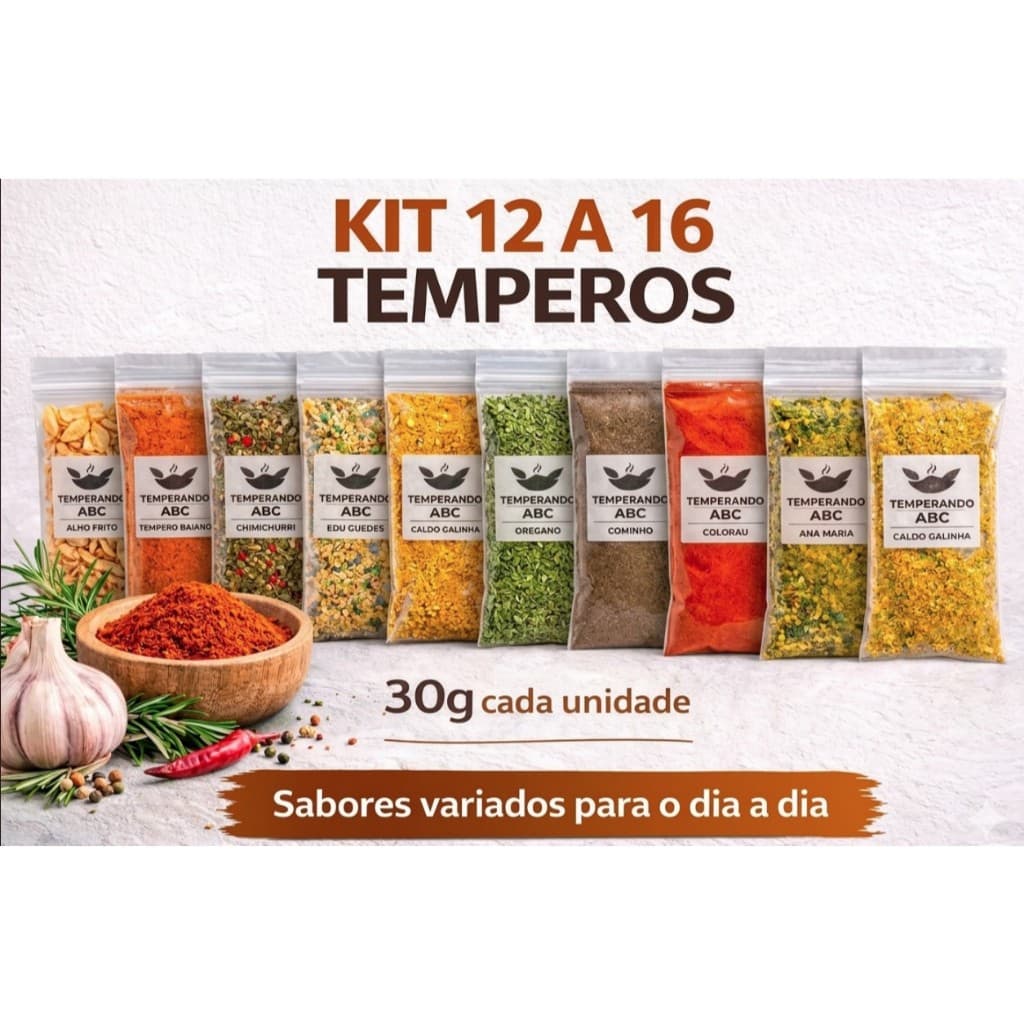 Kit 12 A 16 Temperos Naturais Gourmet Chimichurri, Lemon Pepper, tempero