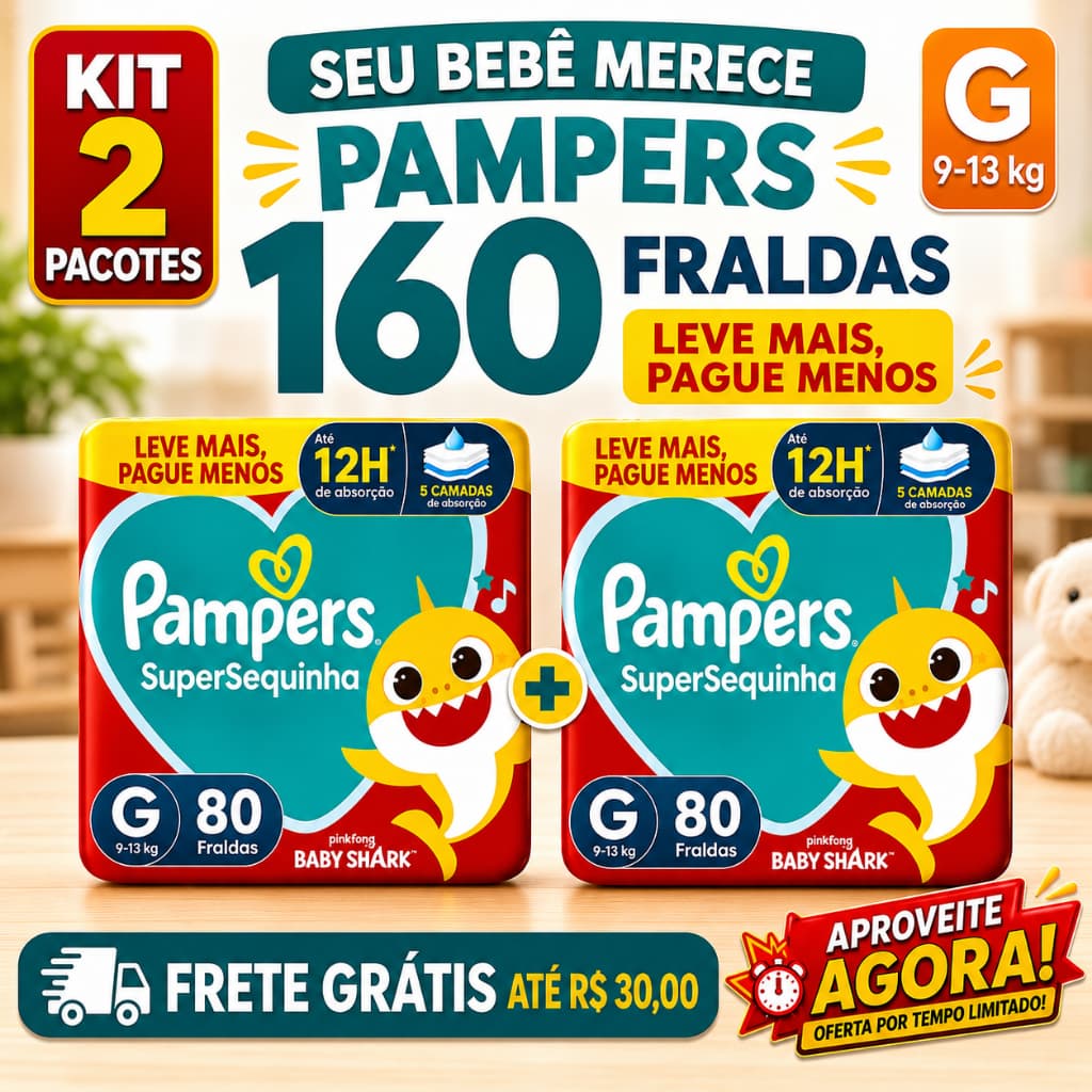 Fralda Pampers SuperSequinha Baby Shark Tamanho G - 80 Unidades - Kit 2 Pacotes Total 160 Fraldas