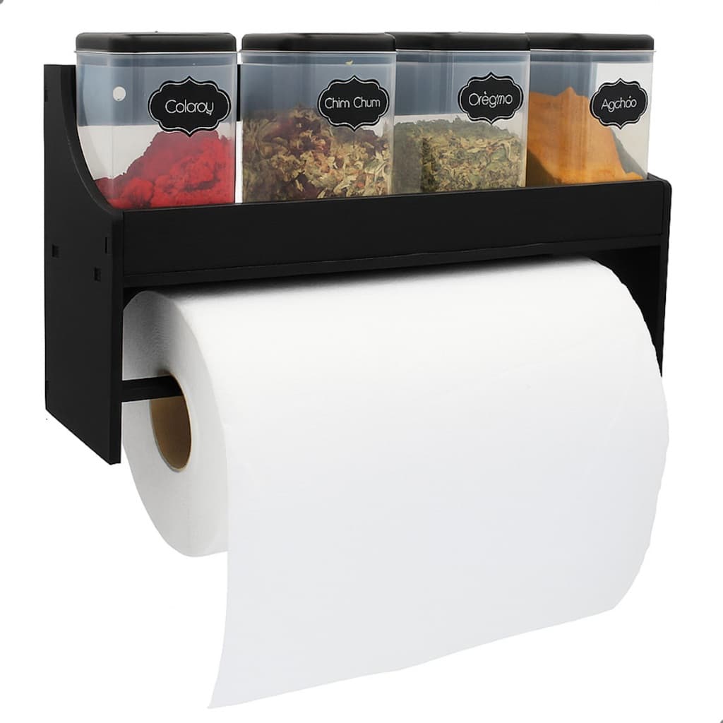 Porta Temperos MDF com Suporte para Papel Toalha Organizador Cozinha Parede Prateleira Condimentos Multiuso