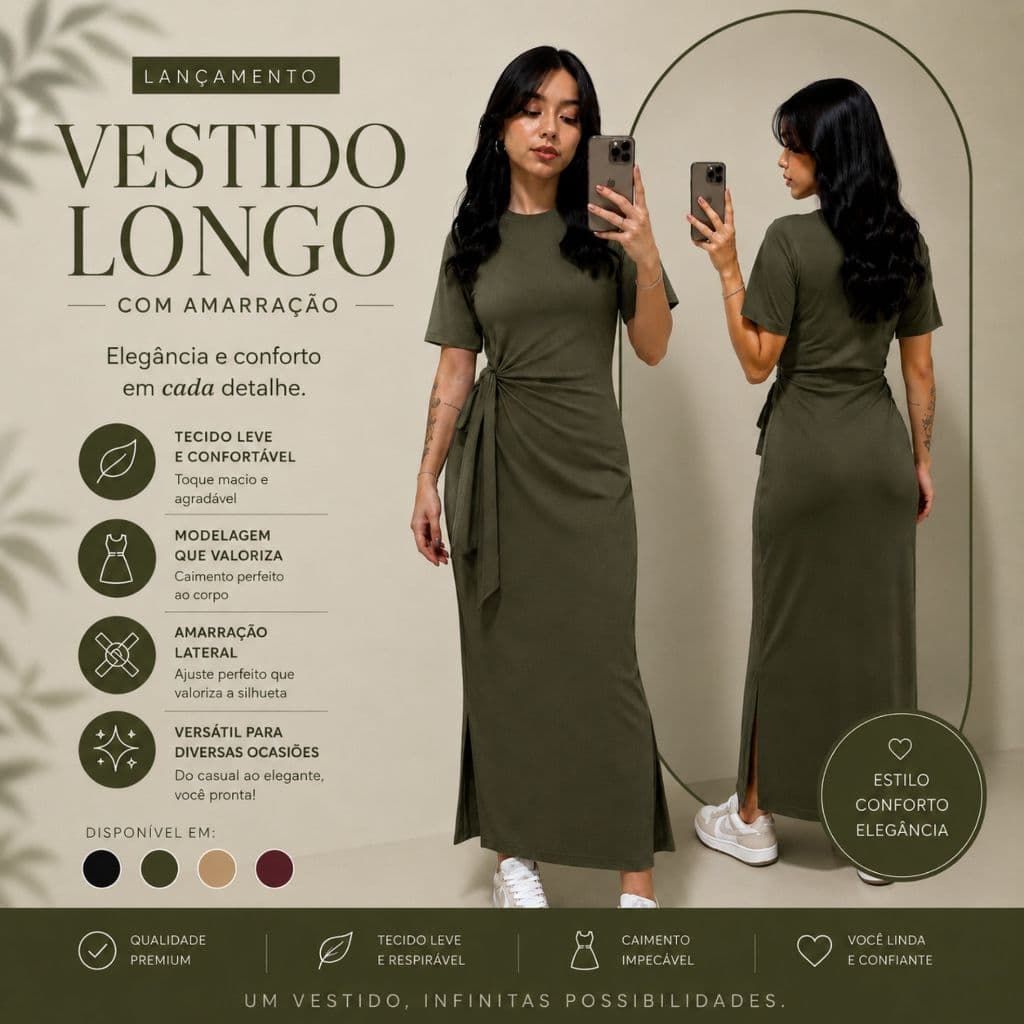 Vestido Longo Feminino com Fendas Laterais  Tecido Ribana Premium Amarração Lateral Manga Curta Moda 2026