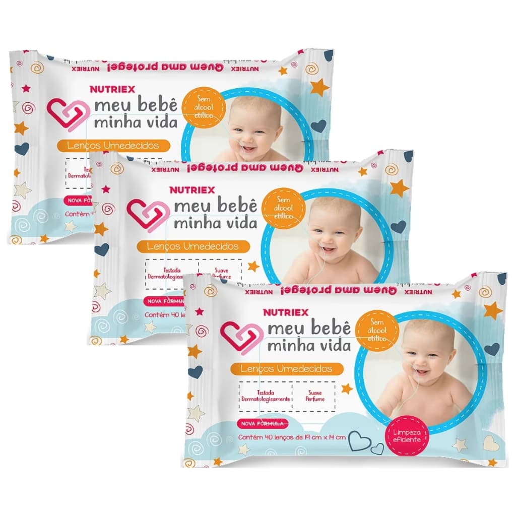 Kit 3 Lencos Umedecidos Meu Bebe Minha Vida Nutriex Algodao E Amendoas