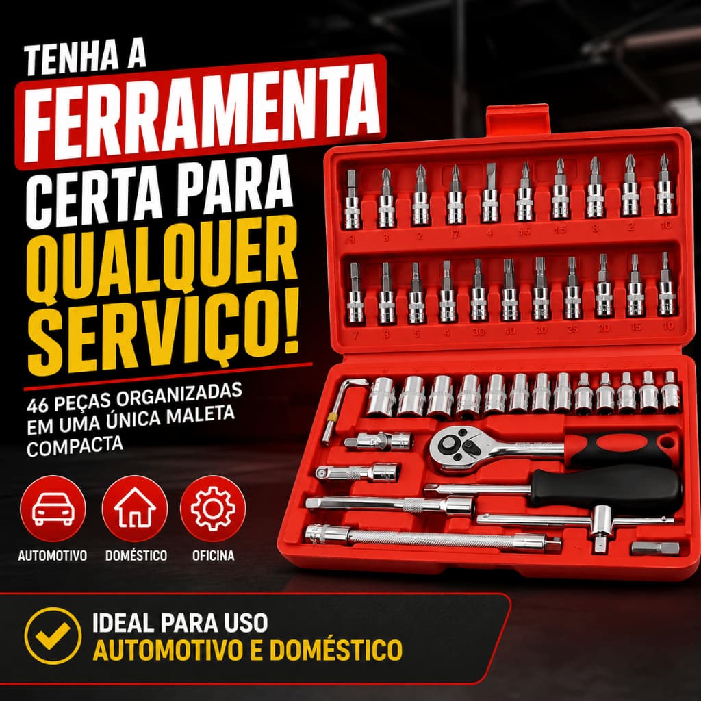 Jogo de Ferramentas 46 Peças com Maleta Kit Soquete 1/4 Aço Automotivo Doméstico Completo