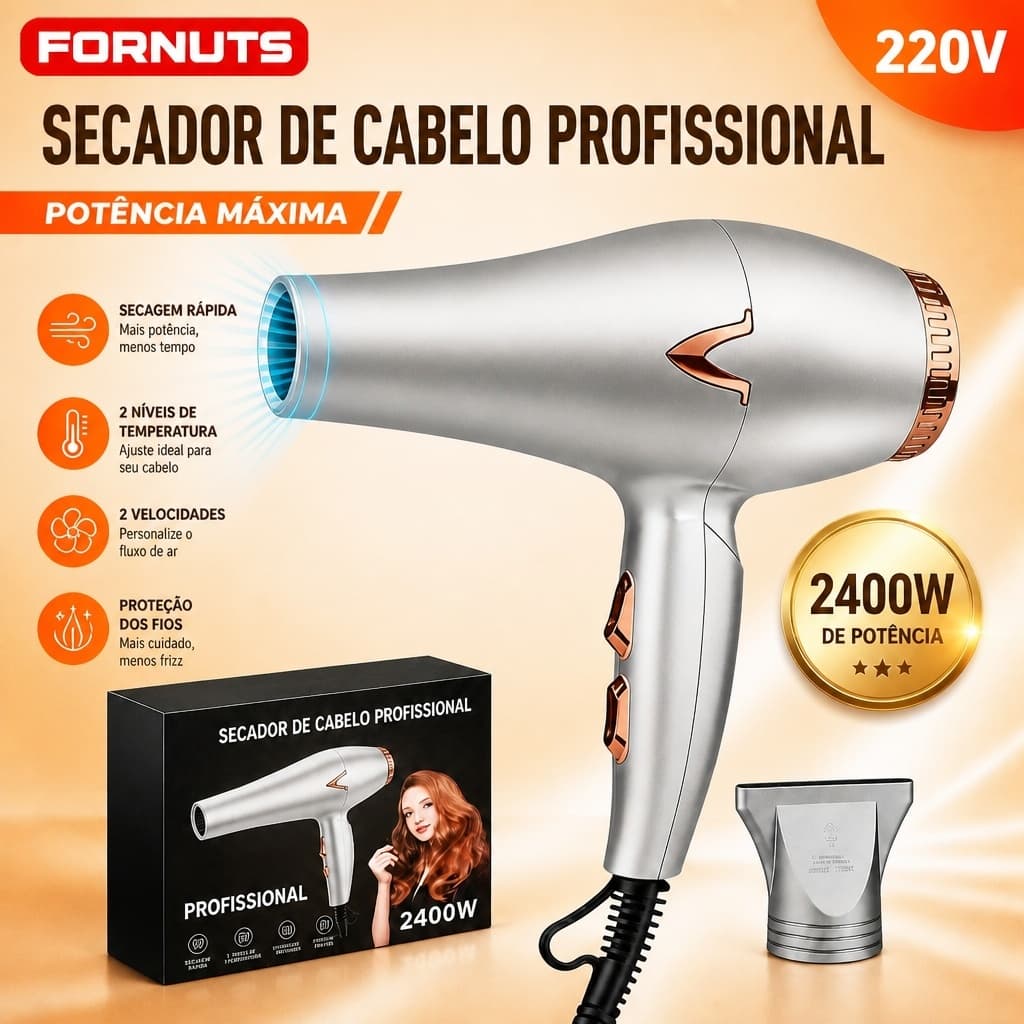 FORNUTS Secador de Cabelo Profissional 220V Íons Negativos 2400W Baixo Ruído Secador de Cabelo Para Cabelo Cacheado