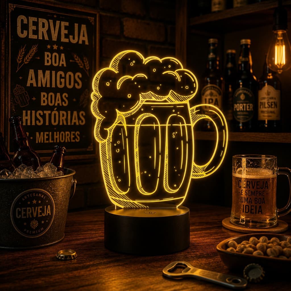 Luminária Led 3d | Cerveja Bebida Adega | Abajur Presente Criativo Decoração Multicores