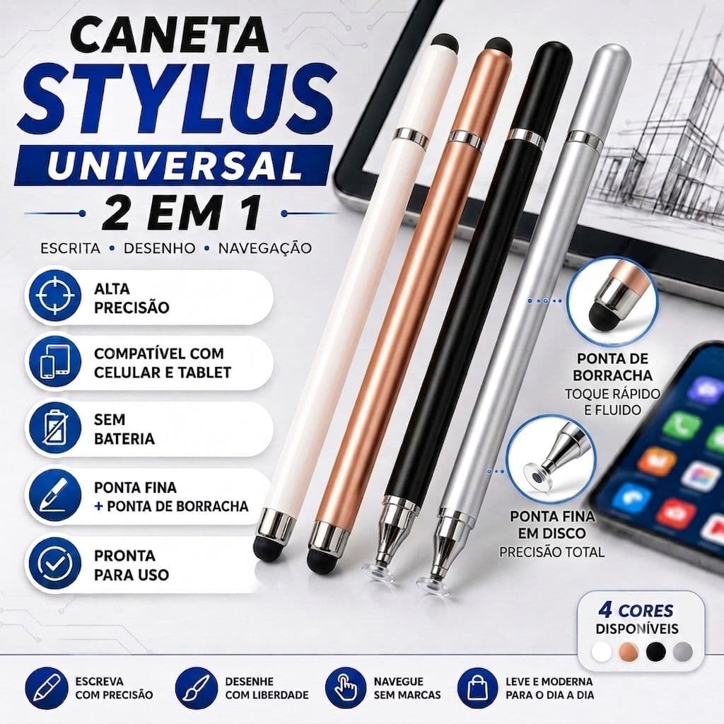 Caneta Stylus Universal 2 em 1 Ponta Fina e Borracha Para Celular Tablet iPad Android ios