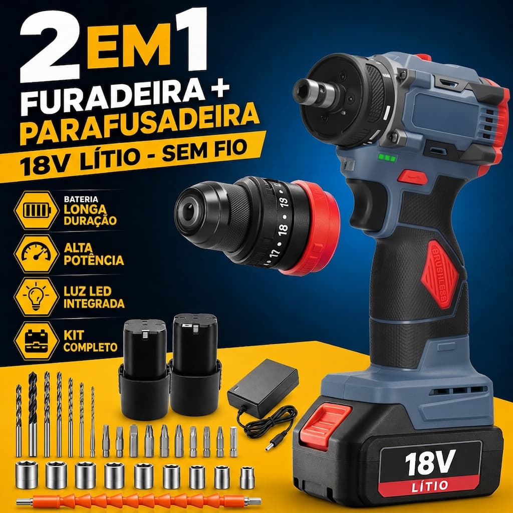 Parafusadeira e Furadeira 2 em 1 18V Lítio Motor Sem Escova Torque 85 Nm Com Bateria Dupla - Kit Profissional