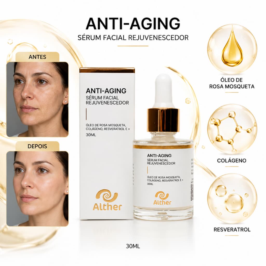 Sérum Rejuvenecedor Anti-idade – Nanotecnologia, Nutrição com Colágeno e Resveratrol ALTHER 30ml