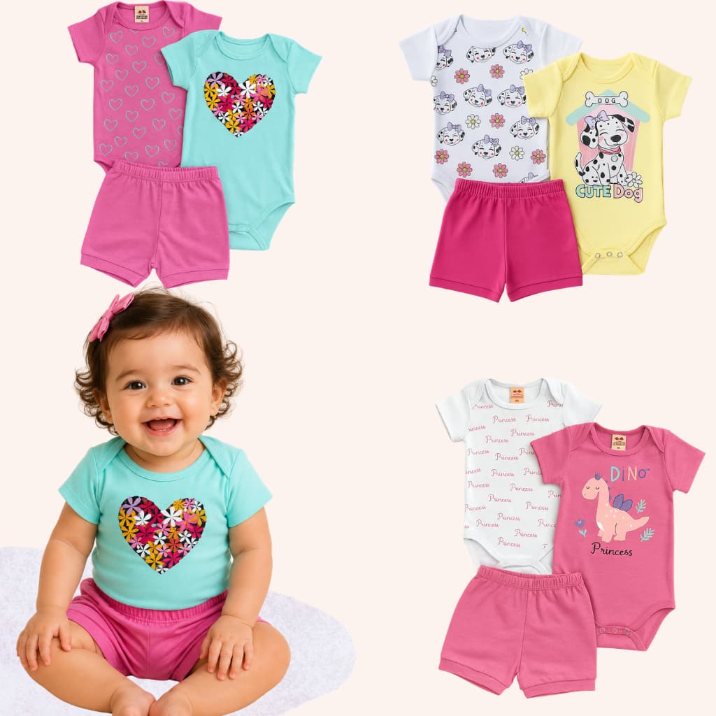 Kit 3 Peças Conjunto Body Bebê Menina Manga Curta Algodão Roupa de Bebê Verão Algodão