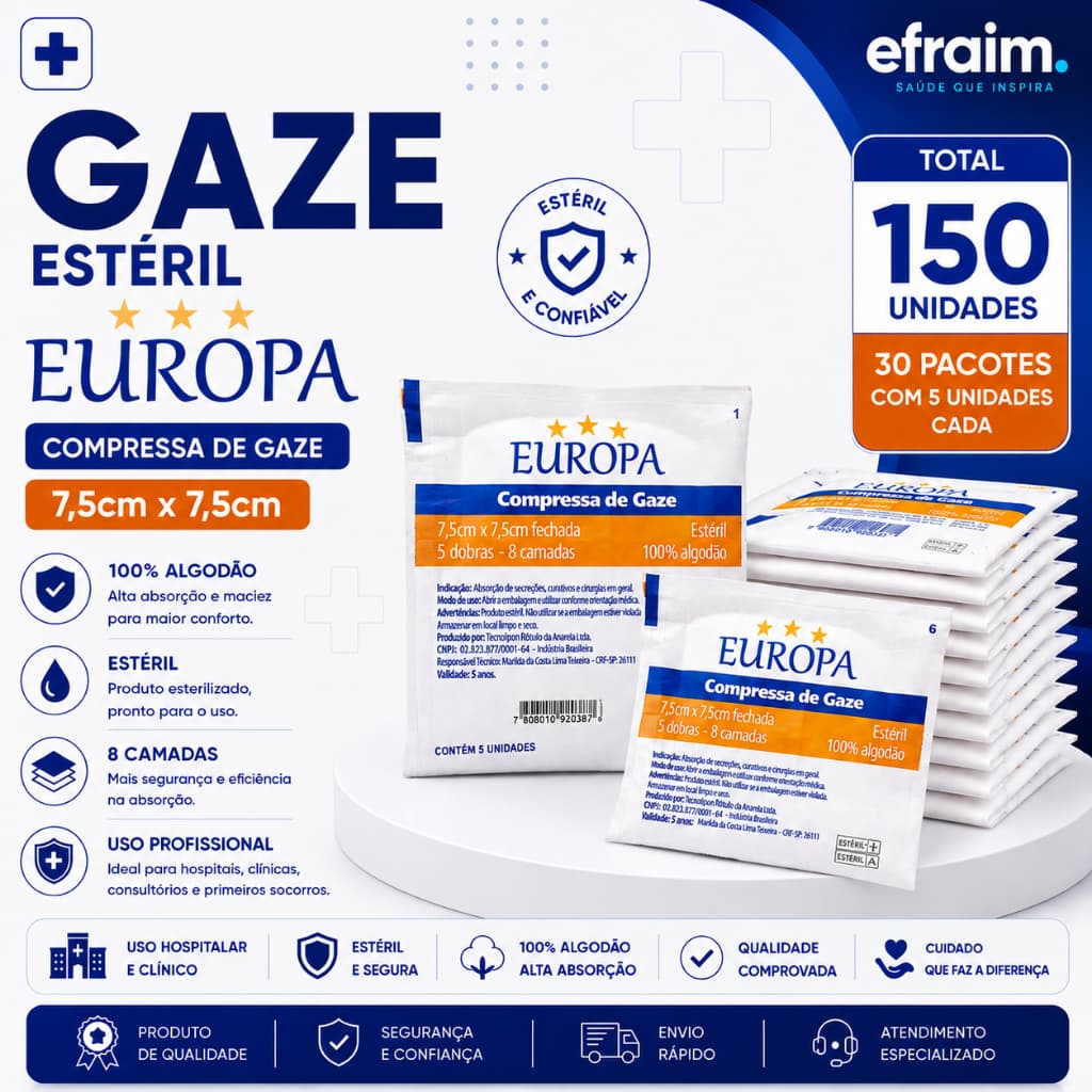 Gaze Estéril -  Kit 30 Pacotes Total 150 Unidades