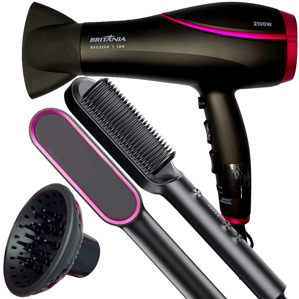 Secador De Cabelo Britania Profissional 2100w Ions Tourmaline Quente Frio Bs22 Bivolt Difusor Cachos Modelador Escova