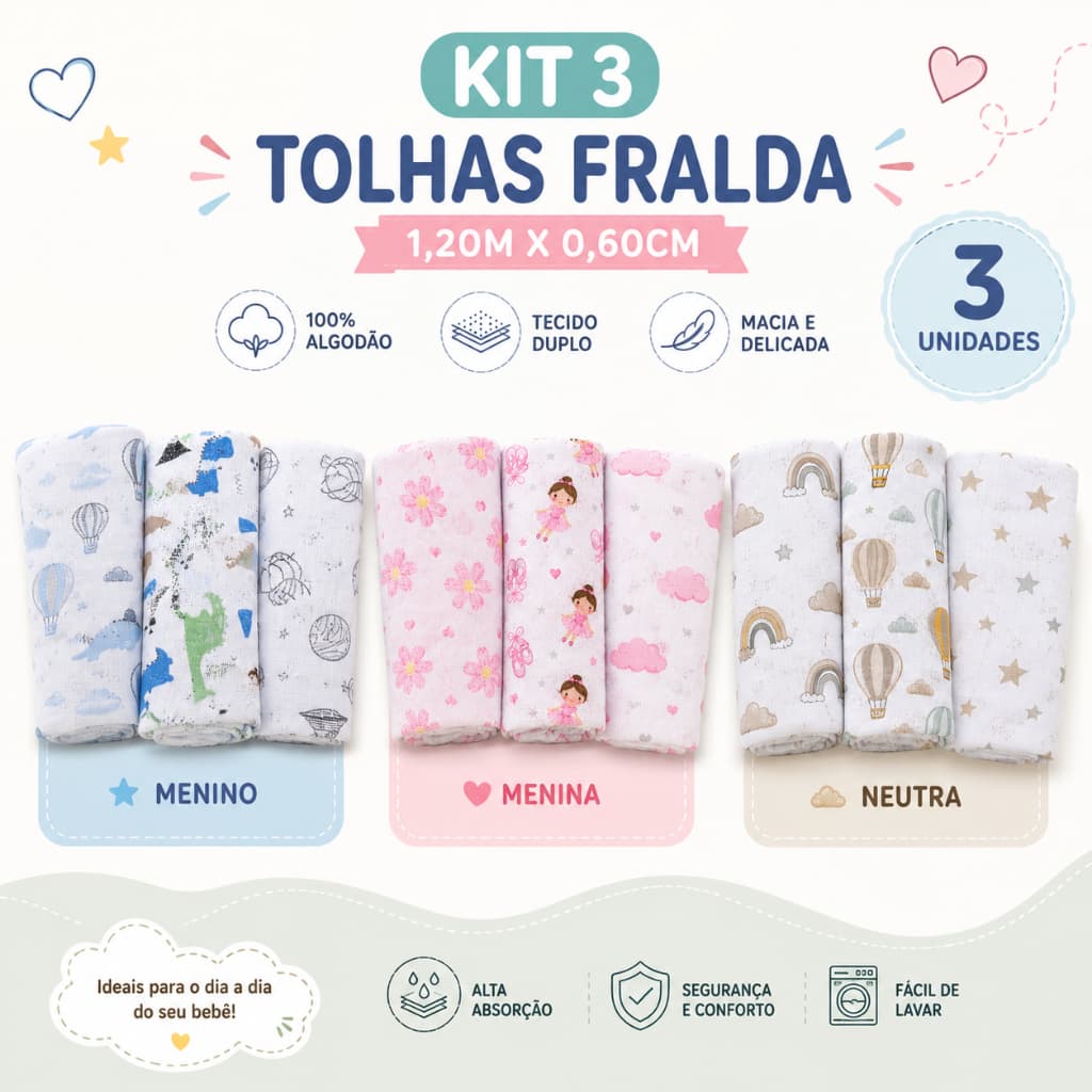 Kit 3 Toalhas Fralda Papi 100% Algodão 1,20m x 60cm Estampadas Macias Absorventes