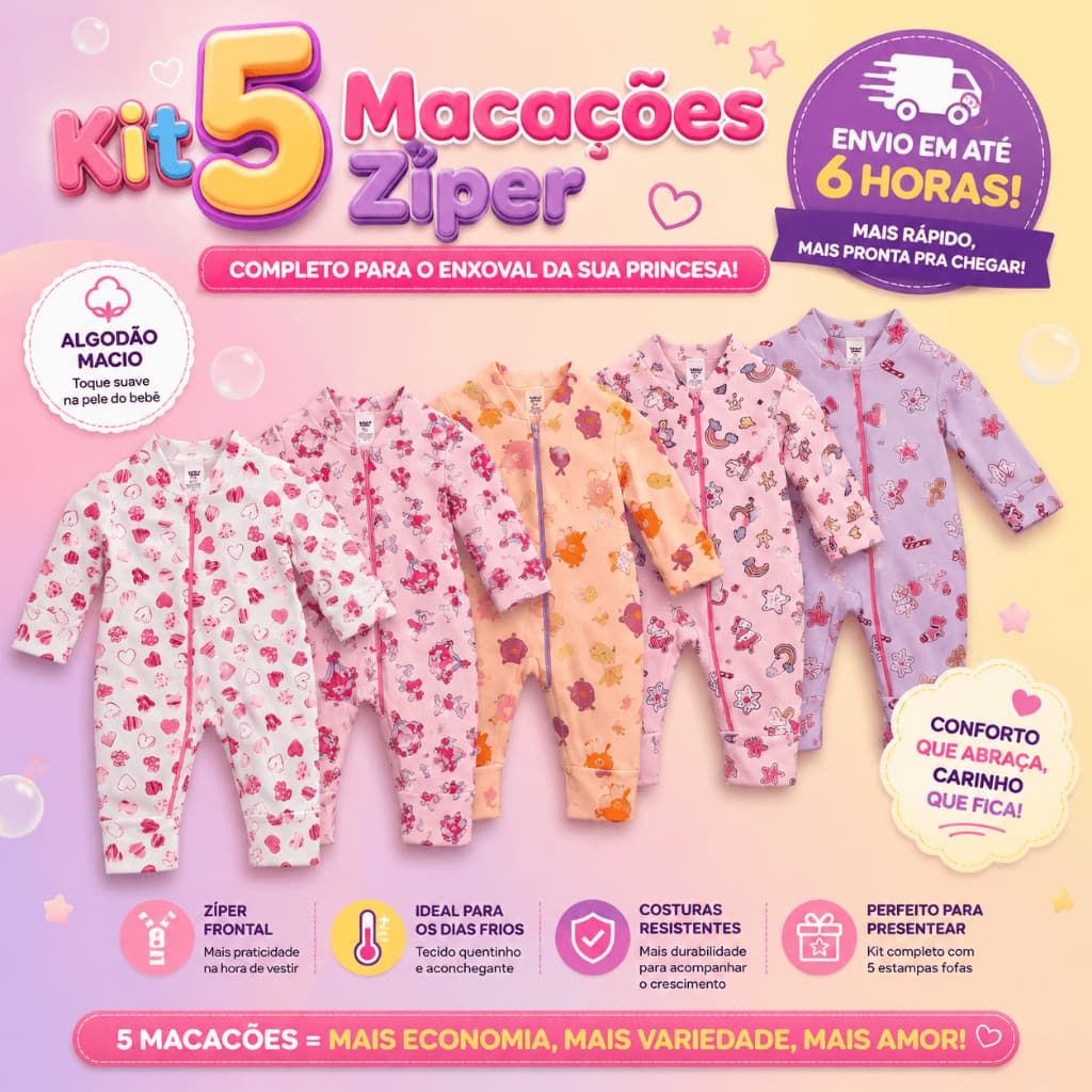 Kit 5 Macacão Bebê Estampado Ziper Menina Algodão Vira Pé Inverno Enxoval Macio Inverno