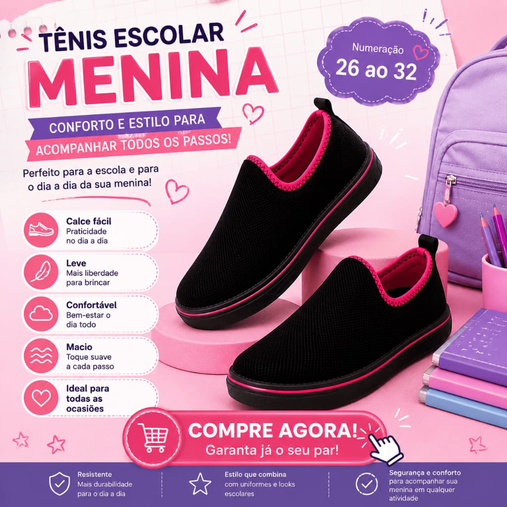 Tênis Infantil Calce Fácil Tenis Feminino Calcado Leve Menina Macio Confortável 26 ao 32
