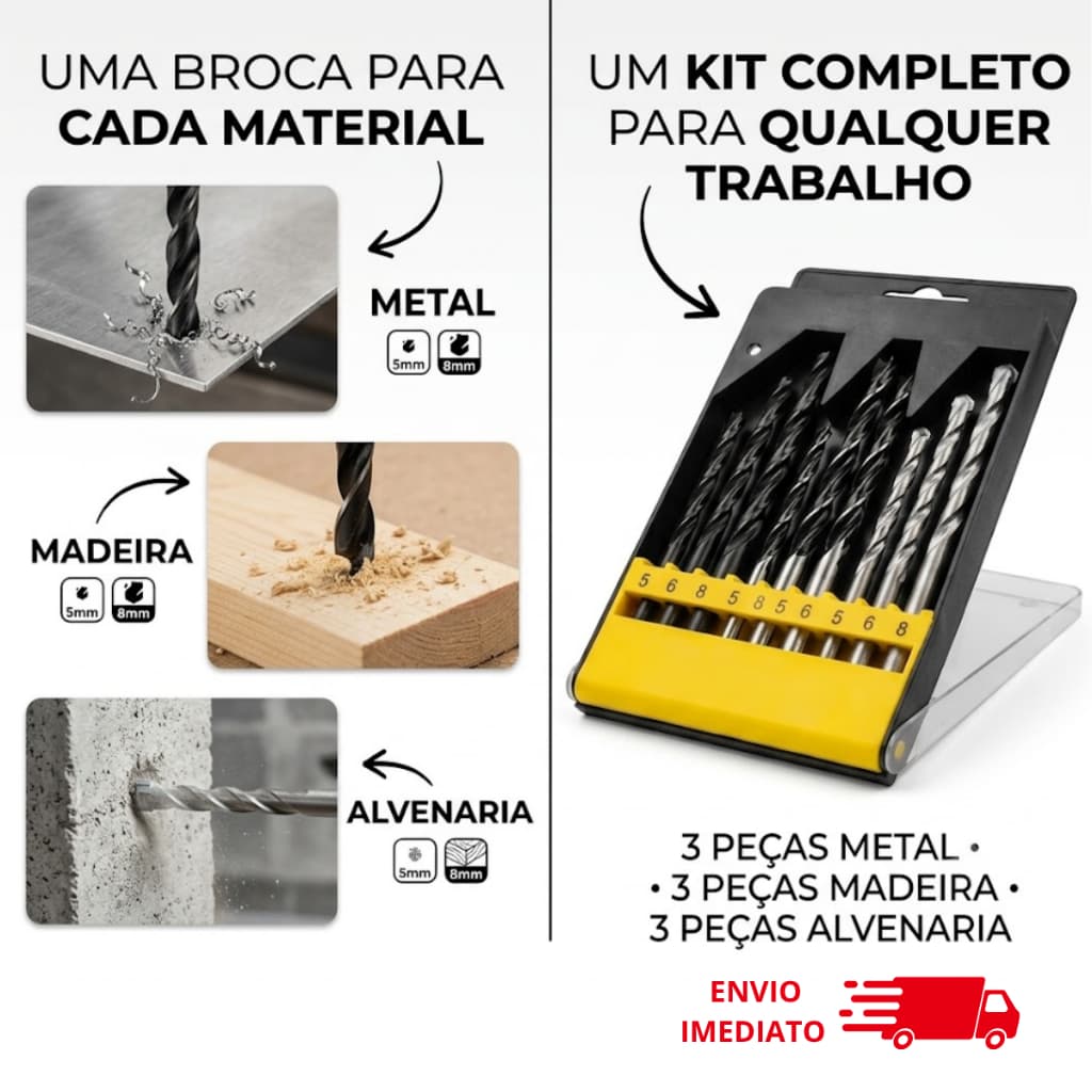 Kit 9 Brocas Multimaterial Madeira Concreto Metal 5 6 8mm com Estojo para Furadeira e Parafusadeira