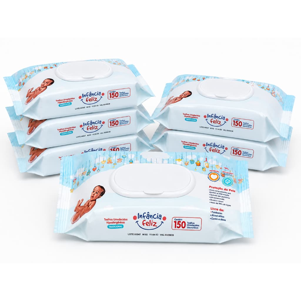 Kit 6 Pacotes Toalhas Umedecidas Infância Feliz 150 Folhas 98% Água Vegano Hipoalergênico Lenço umedecido bebê