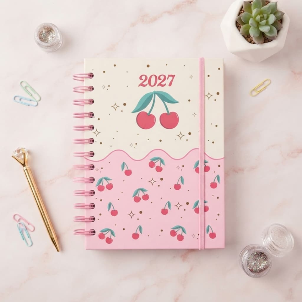 Agenda 2027 Capa Dura C/ Marca Páginas Espiral Agenda Cereja Estampada Glitter Grande Média 336 Pág