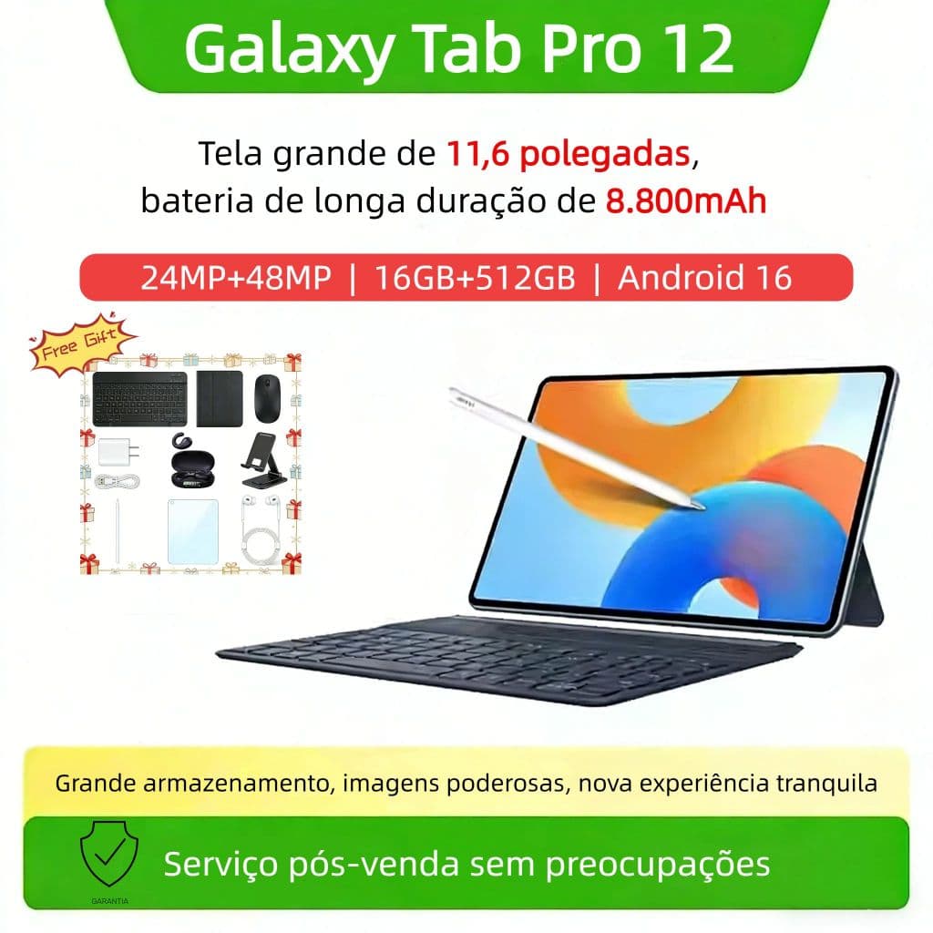 [Teclado + Mouse Grátis + Alto-falante Bluetooth] Galaxy Tablet Pro 12 11,6 polegadas 16GB + 512GB  Android 5G