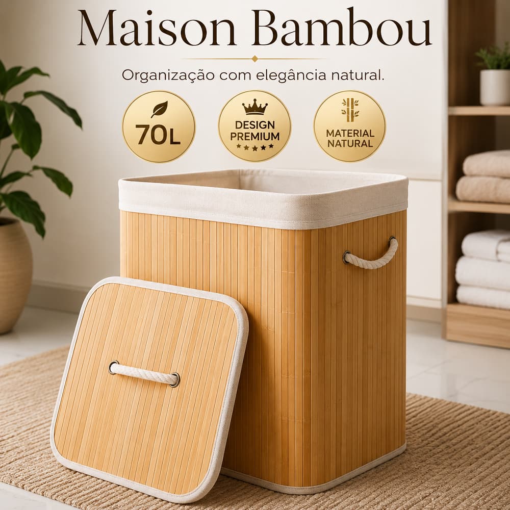 Cesto Organizador  Maison Bambou 70L com Tampa e Alças | Cesto para Roupa Suja, Lavanderia, Banheiro, Closet e