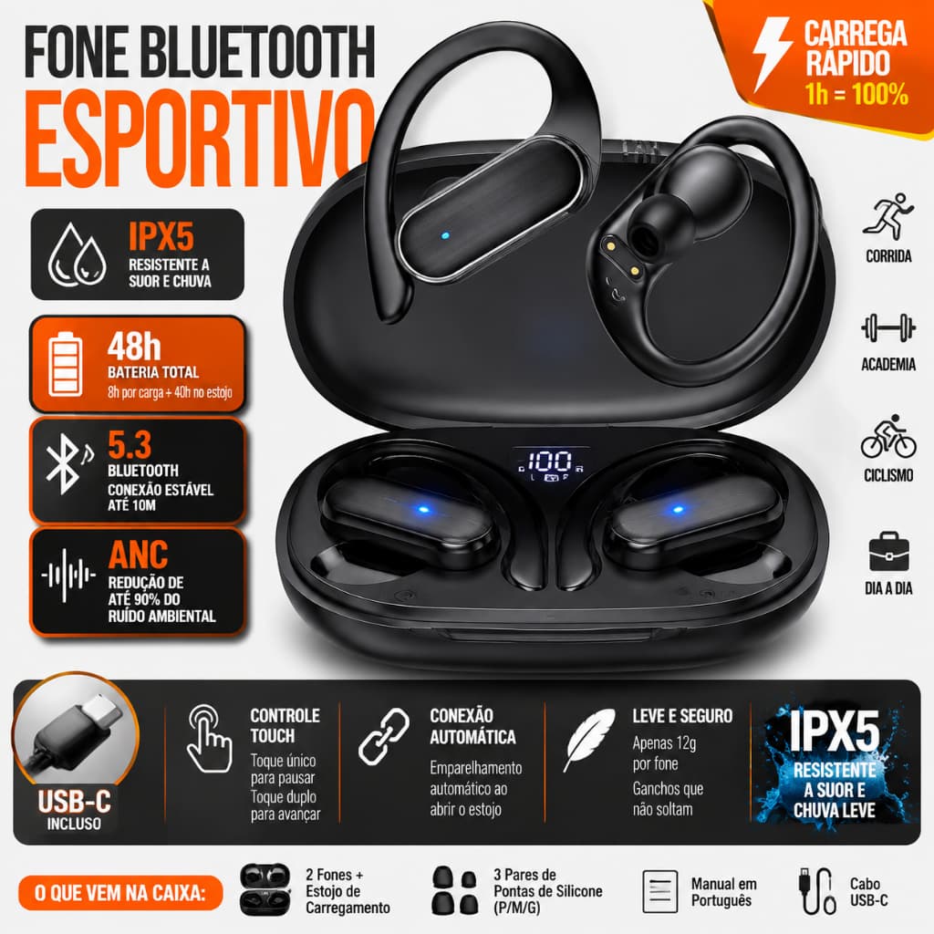 A520 Fones De Ouvido Controle Toque Bluetooth 5.3 HiFI Estéreo  Água TWS Fone Esportes Sem Fio
